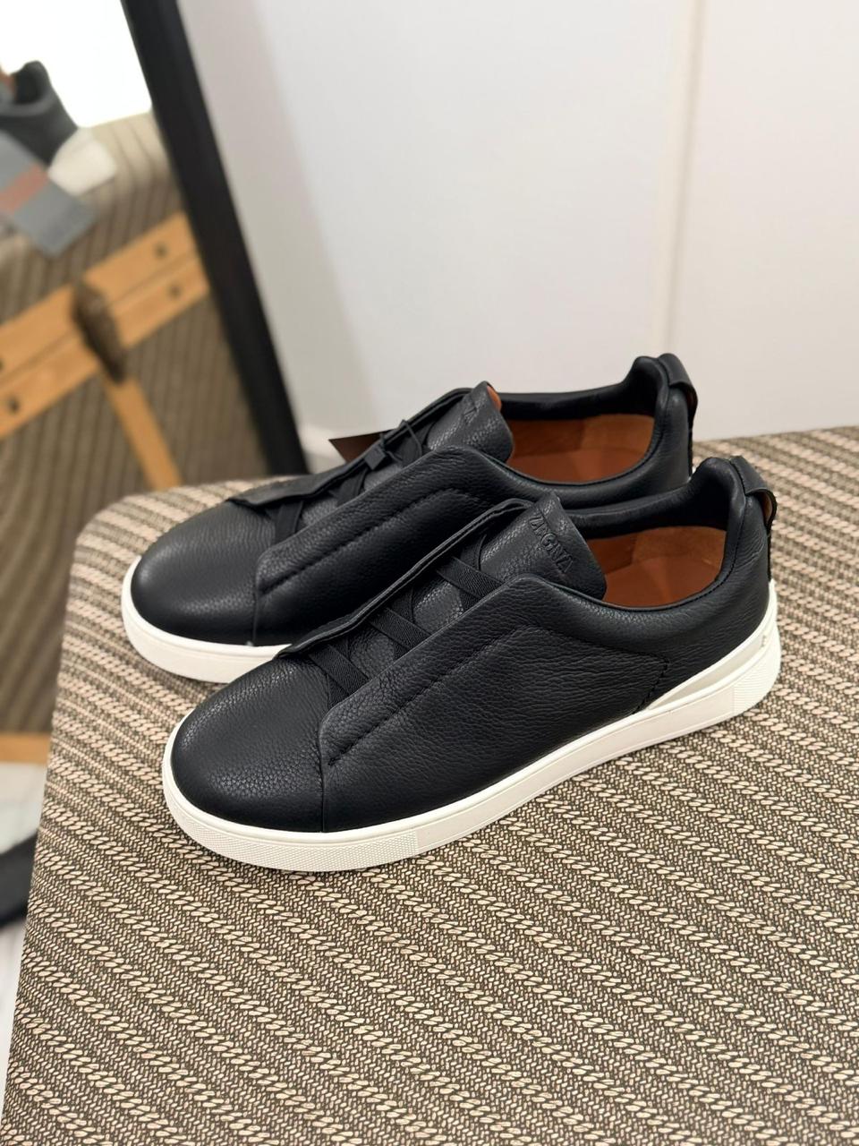 Zegna Black Leather and Suede Slip-On Sneakers