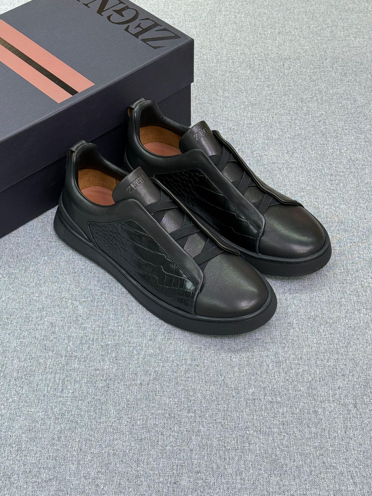 Zegna Croc-Embossed Leather Lace-Cover Sneakers