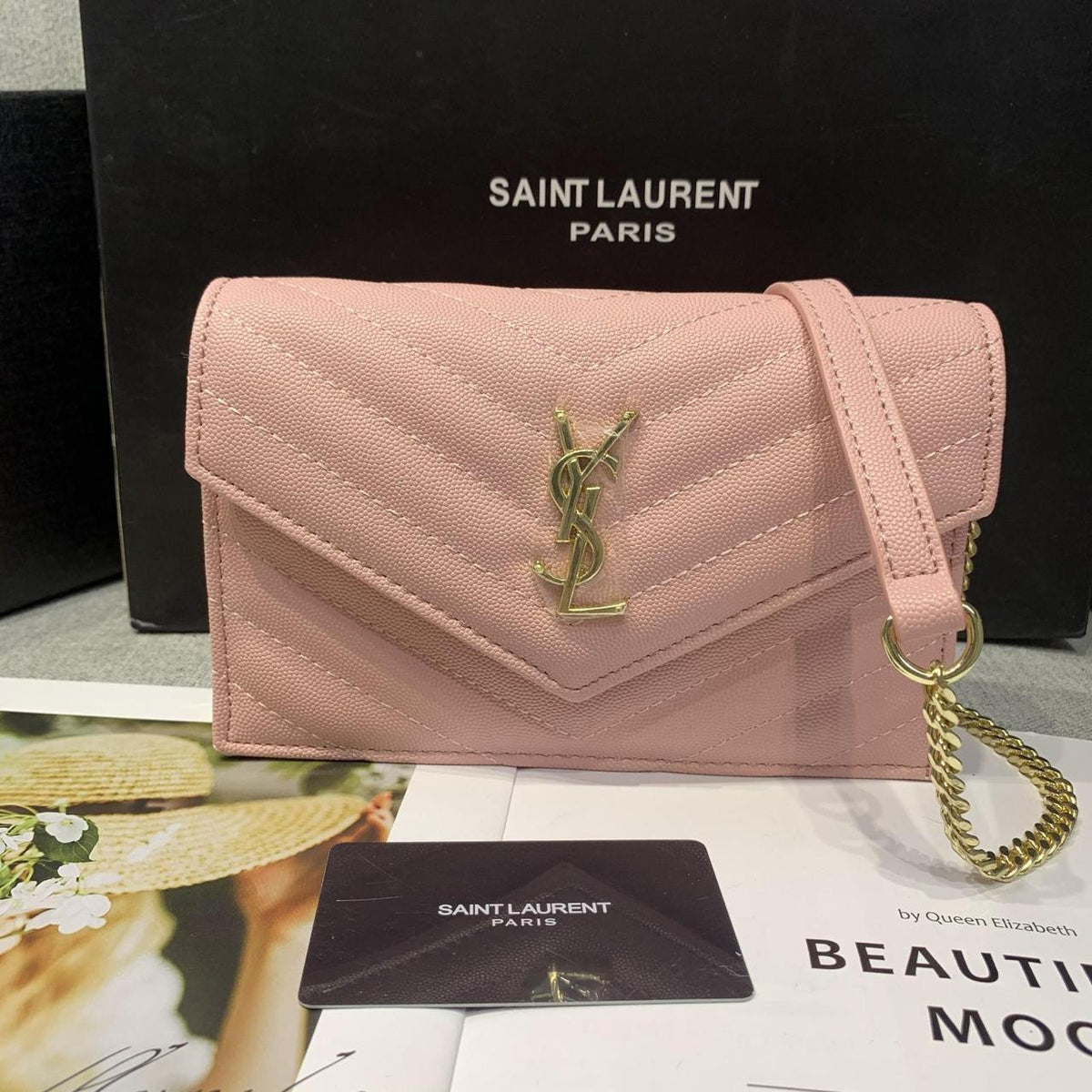 Saint Laurent Cassandre Matelassé Chain Wallet (Pale Pink)