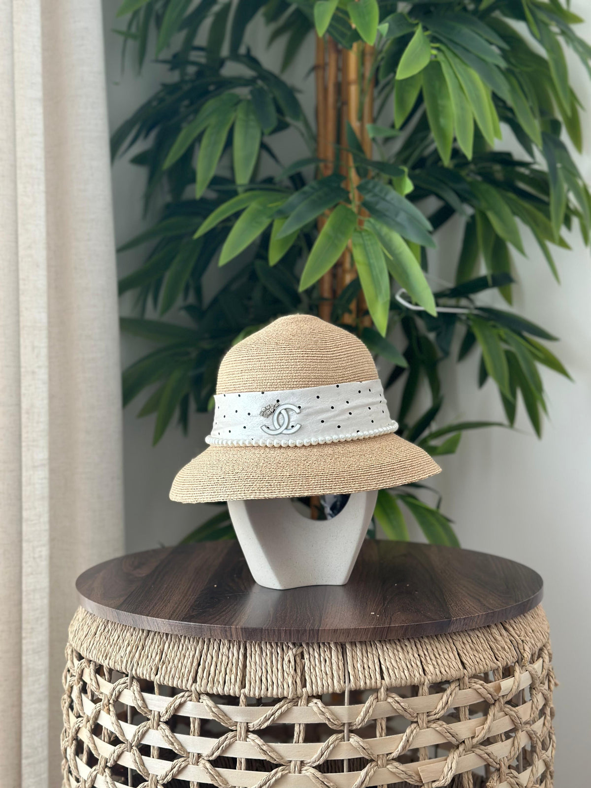 Chanel Straw Cloche Hat with Pearl & Polka Dot Band (Beige / White & Black)