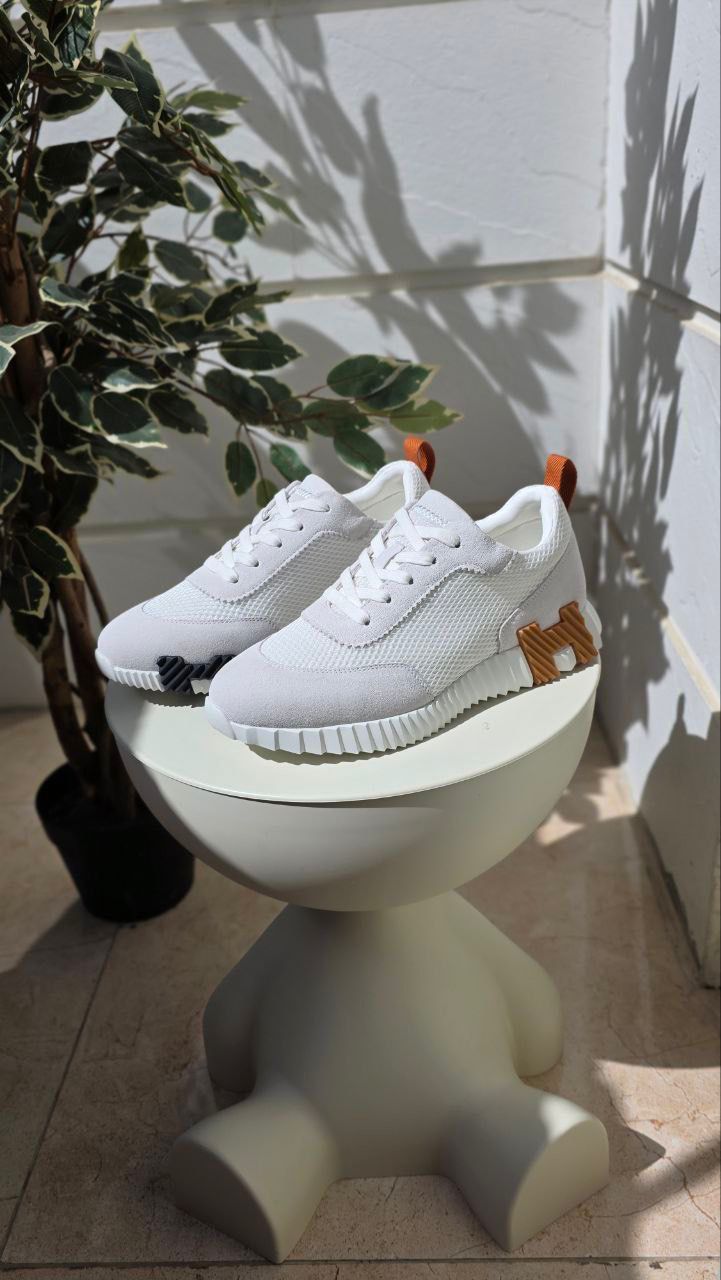 Hermes White Casual Sneakers with Orange Accent