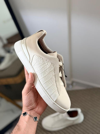 Zegna CrocoPanel Suede Slip-On Sneakers – Ivory Edition