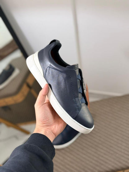 Zegna TerraFlex Smooth Leather Slip-On Sneakers – Navy Edition