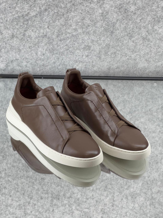 Zegna TerraFlex Smooth Leather Slip-On Sneakers – Mocha Brown Edition