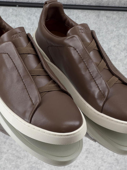 Zegna TerraFlex Smooth Leather Slip-On Sneakers – Mocha Brown Edition
