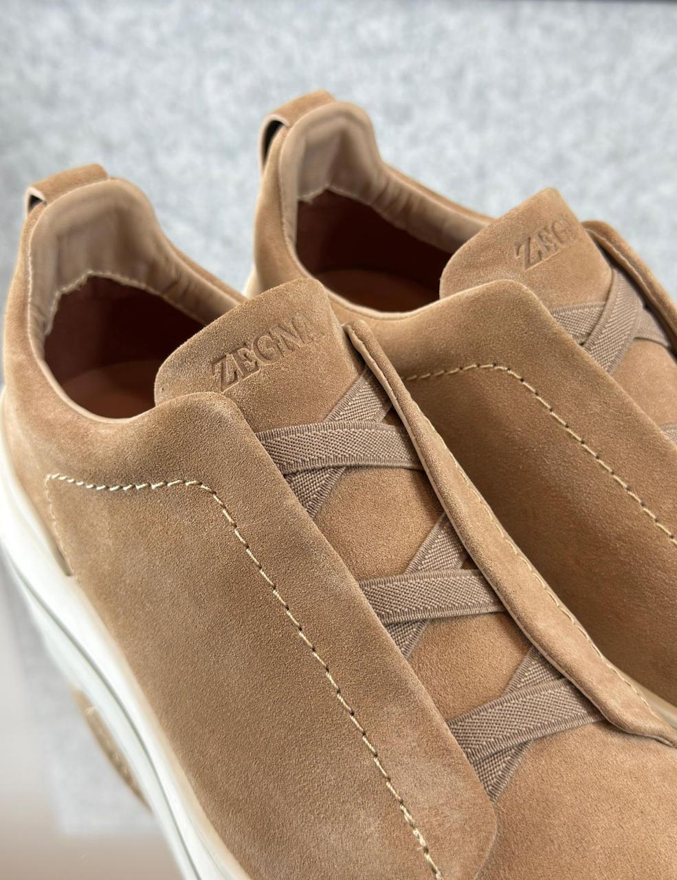 Zegna Tan Suede Slip-On Sneakers