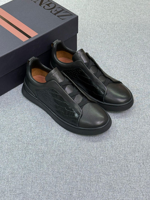 Zegna Croc-Embossed Leather Lace-Cover Sneakers