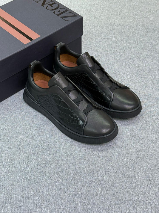 Zegna Croc-Embossed Leather Lace-Cover Sneakers