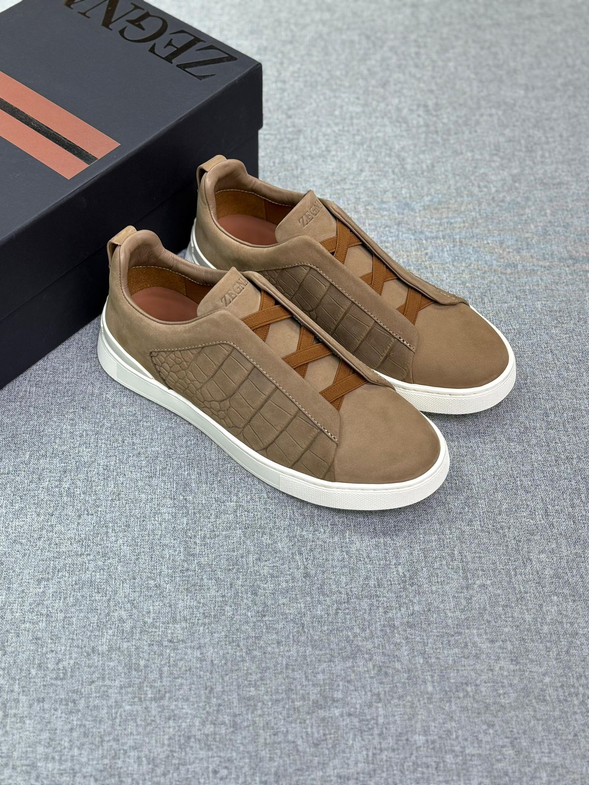 Zegna Croc-Embossed Suede Contrast Lace Sneakers