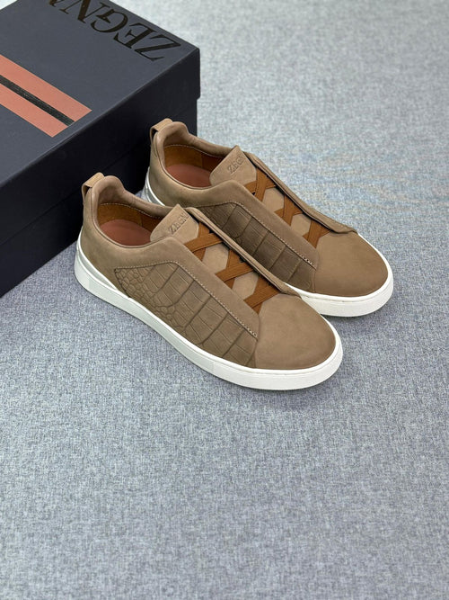 Zegna Croc-Embossed Suede Contrast Lace Sneakers