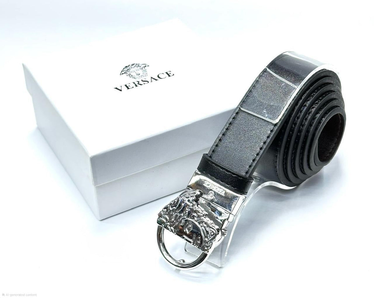 Versace Medusa Ring Buckle Smooth Leather Belt (Black/Silver)