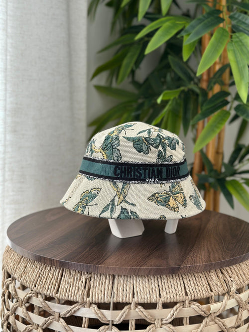 Christian Dior D-Chapeau Butterfly Around Bucket Hat (Beige / Green Multicolor)