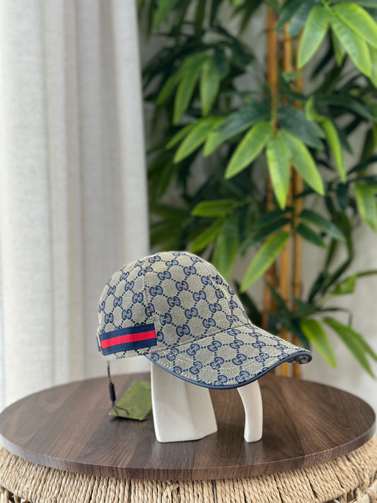 Gucci GG Canvas Baseball Hat with Web Stripe (Beige/Blue)