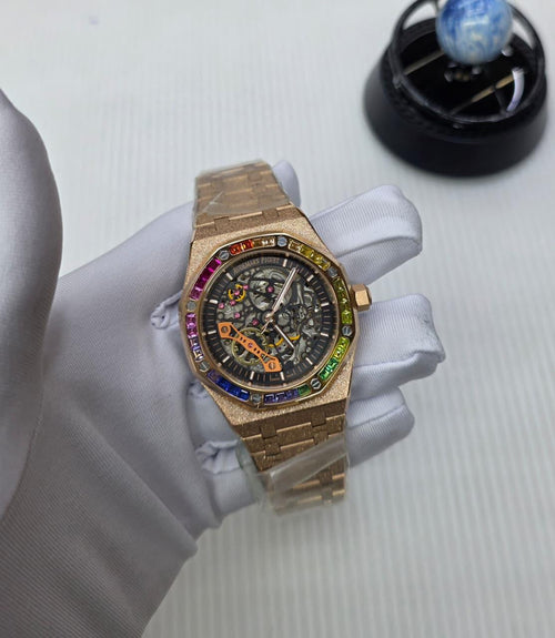 Audemars Piguet Royal Oak Double Balance Wheel Openworked Frosted Gold "Rainbow" (Frosted Rose Gold / Black Dial)