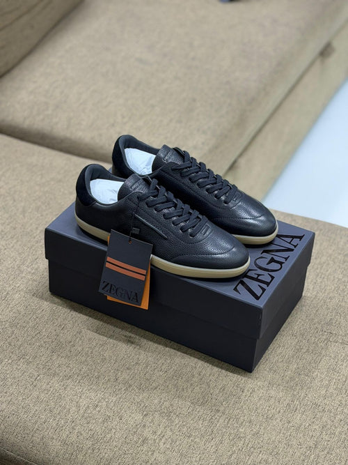 ZEGNA Valencia Grained Leather Sneakers (Black / Gum Sole)