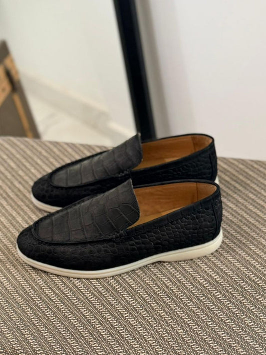Loro Piana Summer Walk Loafers (Crocodile-Effect Black)