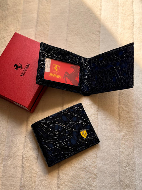 Ferrari Cracked Pattern Leather Bi-Fold Wallet (Dark Blue / Navy)