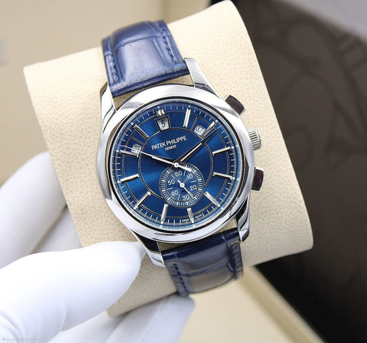 Patek Philippe Complications Annual Calendar Chronograph (Blue Dial / Blue Strap / Silver Case)