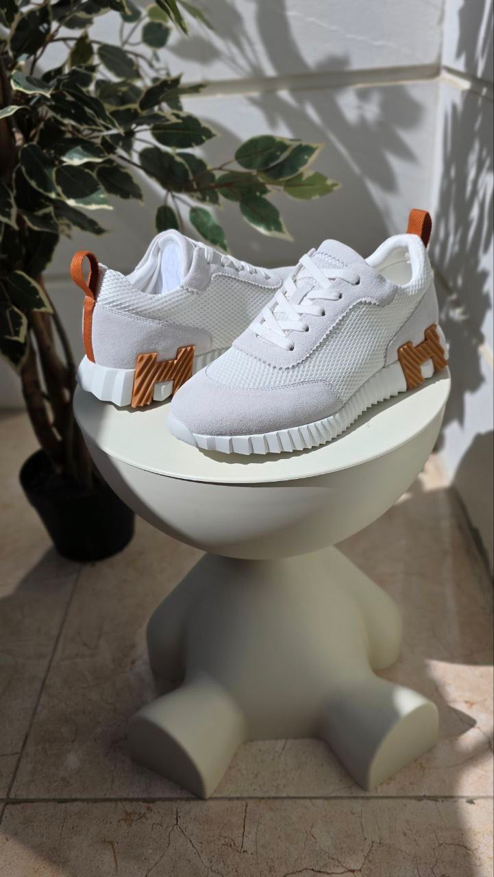 Hermes White Casual Sneakers with Orange Accent
